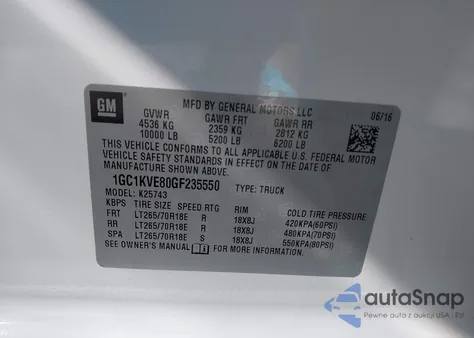 2016 Chevrolet Silverado 2500Hd Lt z USA, uszkodzony, nr VIN 1GC1KVE80GF235550